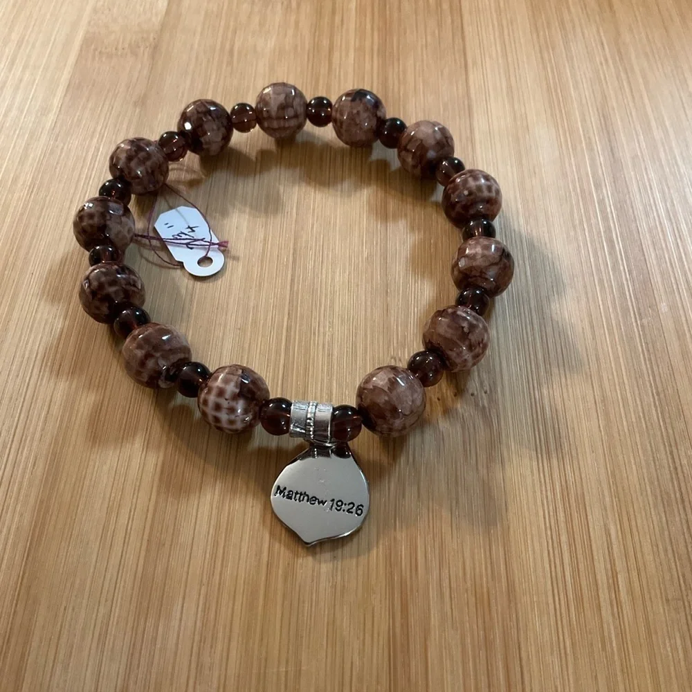 Hand Crafted Charm Bracelet Brown Stretch Beaded Scripture Unisex Matt. 19:26